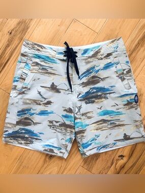 Aftco Swim Trunks Board Shorts Men's 34 man fish fishing print